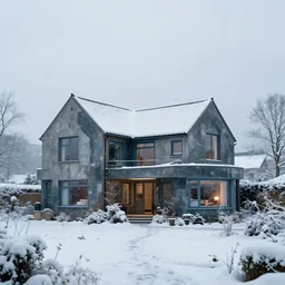 cyberpunk, winter in the snow, external view of a 5 bedroom detached cyberpunk countryside house in the UK, by Paul Lehr
