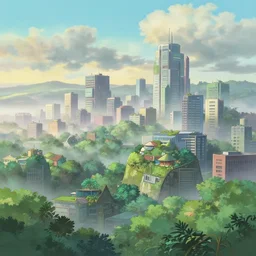 futuristic city, lush vegetation, humid, early evening, diagonal view, geometric buildings, cloudy, beautiful, dull pastel colors, realistic, foggy, dreamy, nostalgic, bright, trending on artstation by yoshitaka amano and makoto shinkai, studio ghibli style