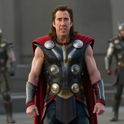 film still of Nic Cage as Thor in Avengers Endgame