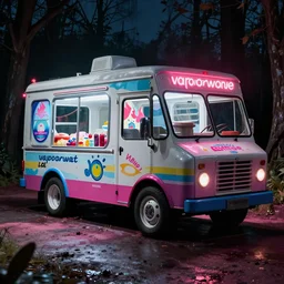 vaporwave ice cream truck in silent hill at nighttime