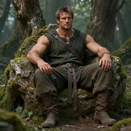 a relaxed male middle aged druid in a sleeveless west, brown short hair, strong, full body, 8 k, hyperrealistic, hyperdetailed, fantasy portrait by laura sava