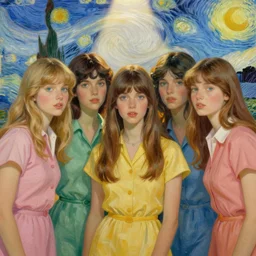 group of a beautiful girls, woodstock festival, sixties clothes, pastel colors, beautiful face, rule of thirds, spotlight, expressive, passionate, by mandy jurgens, by vincent van gogh, digital painting