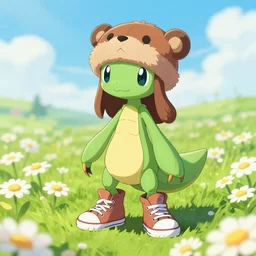 anthropomorphic butterfree pokemon girl like a mantis in a floe standing in a field of daisies wearing converse shoes and a beaverskin hat, digital illustration by ruan jia on artstation