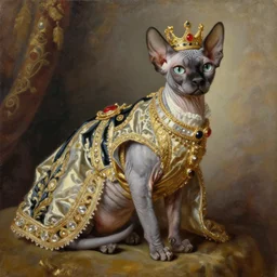 the royal king's sphynx cat by greg hildebrant fancy rococo baroque regal puppy oil painting high quality award winning clothed in fancy garb