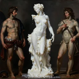 Beautiful full-body wax sculpture of glowing woman covered with melted white candle wax by Nicola Samori, Michelangelo da Caravaggio and Beksinski, dramatic volumetric lighting, highly detailed oil painting, 8k, masterpiece