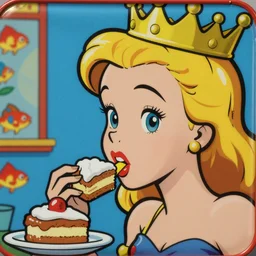 highly detailed closeup, roy lichtenstein face profile portrait of a tin toy fairytale princess wearing a crown eating cakes, bikini, unreal engine, nicoletta ceccoli, mark ryden, earl norem, lostfish, global illumination, detailed and intricate environment