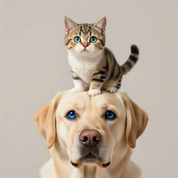 tiny cat riding a labrador, cat on top of dog, concept art, artstation, trending on Instagram, Twitter, (((beautiful eyes)))