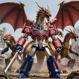 photorealistic art of Megazord fighting Tiamat the 5 headed dragon, cinematic lighting, 8k, intricate detailing