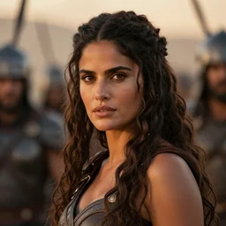 photo of salma hayek as beautiful barbarian warrior princess in a battle scene, detailed eyes, shallow depth of field, photorealistic, cinematic lighting, lovely bokeh, warm colours, dusk