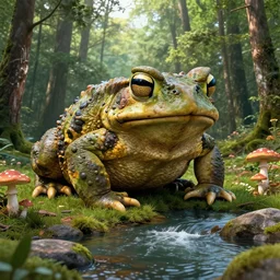 mandelbulb, octane render, river, large scalegiant toad, mushrooms, cinema 4 d, art by beeple, ultra realistic, photo realistic, unreal engine, beautiful, forest, 4 k