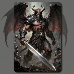 a barbarian male horned demon with a huge sword and wings, dim light, front game card, marvel comics, dark, intricate, highly detailed, smooth, artstation, digital illustration by ruan jia and mandy jurgens and artgerm and wayne barlowe and greg rutkowski and zdislav beksinski