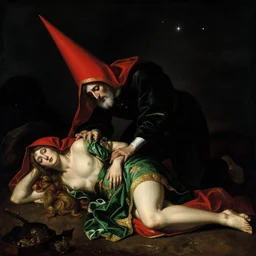 trials of the scarlet woman by caravaggio adolf wolfli beksinski jan van eyck william blake, hardship, damned souls, prone pose, torturer, sky with stars, black void, ecstatic visions, religious ritual, epiphany, conical red hood, red gold emerald