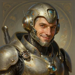 close up portrait of jay weingarten smiling wearing battle armor, solarpunk, retrofuturist! intricate, elegant, highly detailed, ray tracing, digital painting, artstation, concept art, smooth, sharp focus, illustration, art by artgerm and greg rutkowski and alphonse mucha, 8 k
