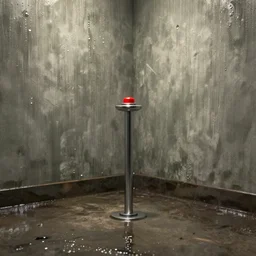 a moisterd room with a wet floor and wet walls, a metal low pole in the middle of the room with a red button on top ;, rendered in octane 8 k
