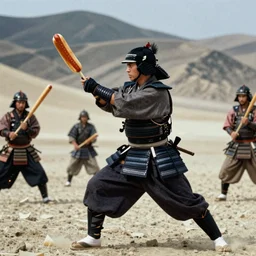 a samurai fighting with delicious hot dogs as weapons, scene from Kagemusha, 1980, movie still, cinematic, epic,