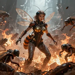 beautiful humanoid insect woman, destroying an army, fire, destruction, apocalypse, hyperrealistic, cinematic, digital art, artstation, concept art, 4k, 8k