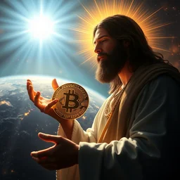 jesus bringing light to earth with bitcoin, glorious, dramatic, volumetric lighting, digital painting, ultra sharp, extreme details