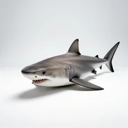 sleepy great white shark, studio photography, full body, isolated on a pure white background, centered, entire subject in frame, sharp focus, soft studio lighting