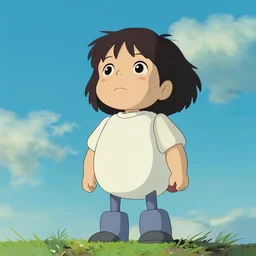 A cute cartoon looking robot girl (or guy; your choice), standing and looking up at the sky. Illustration done in parody of works by Hayao Miyazaki.