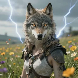A high fantasy wolf girl standing in the middle of the field of flowers, by Eddie Mendoza, Lo-Fi Girl style, light anime-ish, cinematic face close up, official media, beautiful, detailed, high quality, wallpaper 4K, epic, trending on artstation and behance, dynamic lightning