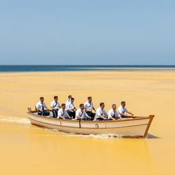 a pizzaboat with sailors on top going across a cheese ocean