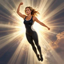 bodybuilder jennifer lawrence wearing spandex, superhero poster, flying, god's rays, cinematic light, octane render, photorealistic, digital painting, drew struzan, gta v cover art