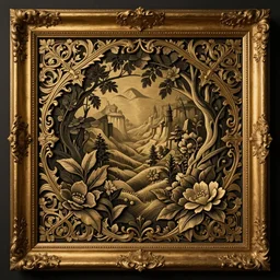 a illustration fantasy wood frame engraving with extreme intrincate details, gold border highly detail ornaments art by fantasy style, centered, facing shot, leaves and flowers