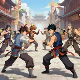 a group of yazuza men fighting a chinese dragon in city street. hyperrealistic anime background illustration by kim jung gi, colorful, extremely detailed faces, intricate linework, smooth, super sharp focus, bright colors, high contrast, matte, octopath traveler, unreal engine 5 highly rendered, global illumination, radiant light