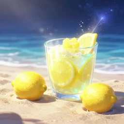A lemon with glasses on the beach cosmic energy bright light, anime style, 4k, digital art, surreal, anime style, space dandy style, highly detailed, godsend, artstation, digital painting, concept art, smooth, sharp focus,