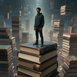 young black man standing atop a stack of giant books, infinite multiverse background, ultra realistic digital painting, concept art, mysterious and magical, highly detailed, octane render, 8 k, unreal engine. art by artgerm greg rutkowski charlie bowater magali villeneuve alphonse mucha