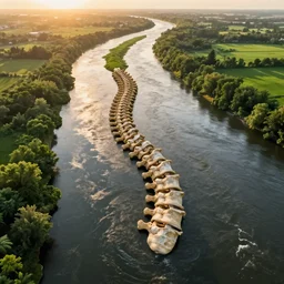 wide!!! landscape photo of river that follows the distinct shape of a human spinal column!!!, high detail, drone photo, golden hour, lush green vegetation, medium format