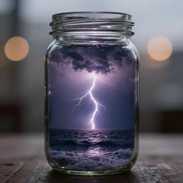 glass jar with a dark stormy sea inside, lightning storm, bokeh, dramatic lighting, hyperrealistic, highly detailed