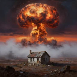 broken small house in the middle , giant atomic nuclear war explosion cloud on neptune graveyard wasteland  with fog during moody sunset  , panoramic cinematic very sharp oil painting by frazetta