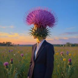 massive thistle flower under head, a girl in a suit in field of flowers, surreal photography, sunrise, blue sky, dramatic light, impressionist painting, digital painting, artstation, simon stalenhag