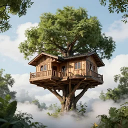 majestic tree house, clouds, tall trees, octane render, volumetric, unreal engine