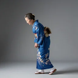 bunraku puppet, lone old woman walking bent, beautiful blue kimono, side view, studio lighting, sigma 8 5 mm f / 1. 4, hd, 8 k