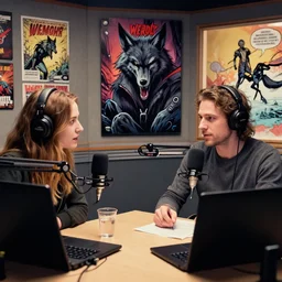 werewolf podcasting in a radio station, graphic novel, jamie hewlett style
