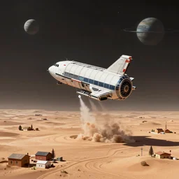 a single cargo spaceship taking off seen from the surface of a small town on a desert planet, star wars, digital art, trending on art station, in the art style of vincent van gogh starry night