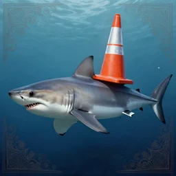 great white shark tiger shark, side view, with a silver and orange striped traffic cone construction cone on its dorsal fin, ocean background detailed atmospheric - ron cheng & alphonse mucha, highly detailed, digital painting, ray tracing, concept art, illustration, smooth sharp focus, intricate, symmetry, artstation,