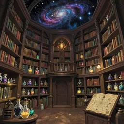 the inside of an imposing multi level occult library, occult aesthetic, magic aesthetic, witchcraft aesthetic, potions, star maps, jars, knick knacks, sparkles in the air, calm, tranquil, by studio ghibli, fantasy, fantasy aesthetic, sci fi, cosmic, galaxy,