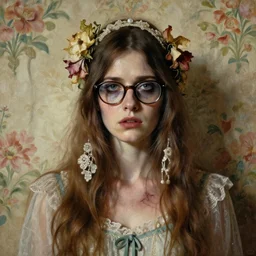 a beautiful and eerie baroque painting of a beautiful but serious woman in layers of fear, with haunted eyes and glasses, 1 9 7 0 s, seventies, floral wallpaper, wilted flowers, morning light showing injuries, delicate ex embellishments, painterly, offset printing technique