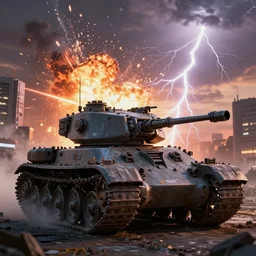 biomechanical tank war, ashley wood, beautiful details, photorealistic, 8 k, octane render, explosions, lightning background, sunset, neo tokyo nuclear holocaust background, mist, volumetric lighting, - w 7 6 8