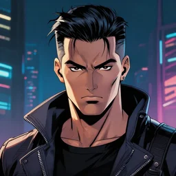 a cyberpunk mafia boss with slicked back hair, in a cyberpunk setting, comic book art, cyberpunk, art by stan lee, pen drawing, inked, black and white, dark, moody, dramatic, deep shadows, marvel comics, dc comics