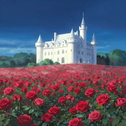 very very beautiful dreamin, sea of flowers, red roses, a simple and atmospheric white castle, beautiful starry sky, diffuse light, by makoto shinkai