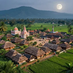 a hyper detailed village in kerala with thatched houses, mosque, temple, paddy field, mountains as backdrop, moonlight, ultrarealistic, cinematic, unreal engine