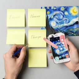 a product manager writing on postit notes and an iphone with social media apps drawn by van gogh