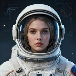 retrofuturistic portrait of a woman in astronaut helmet, space graphics art behind, close up, wlop, dan mumford, artgerm, liam brazier, peter mohrbacher, 8 k, raw, featured in artstation, octane render, cinematic, elegant, intricate, 8 k