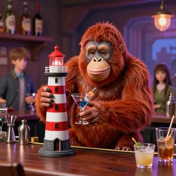 hero world atari, red orangutan as doctor who holding and shaking detailed lighthouse miniature as cocktail shaker at bar, behance hd by jesper ejsing, by rhads, makoto shinkai and lois van baarle, ilya kuvshinov, rossdraws global illumination