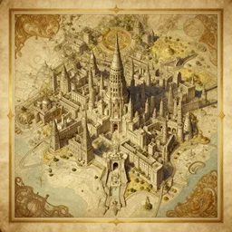 map of the underworld's capitol city on old aged paper with golden border, elegant, highly detailed, ray tracing, digital painting, artstation, concept art, smooth, sharp focus, illustration, art by artgerm and greg rutkowski and alphonse mucha, 8 k