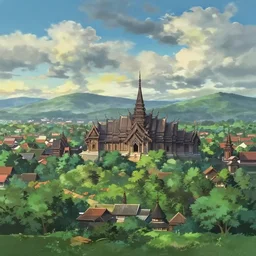 a matte of sukhothai city landscape in the cloudy day, japanese anime, volumetric lighting, art by makoto shinkai